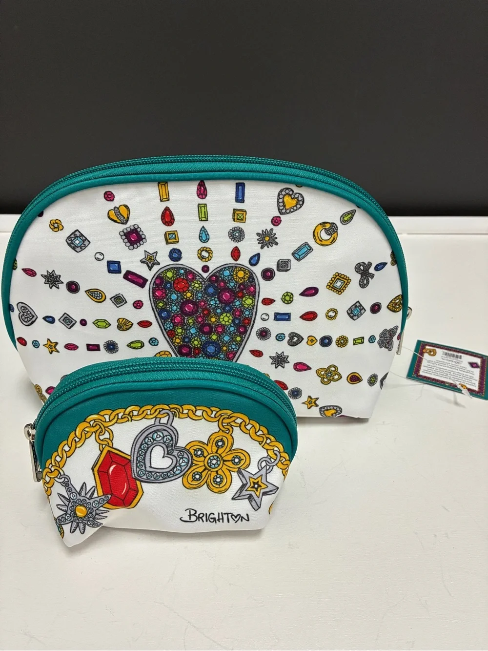 Brighton  WT White Teal Gem Heart Cosmetic Pouch Set